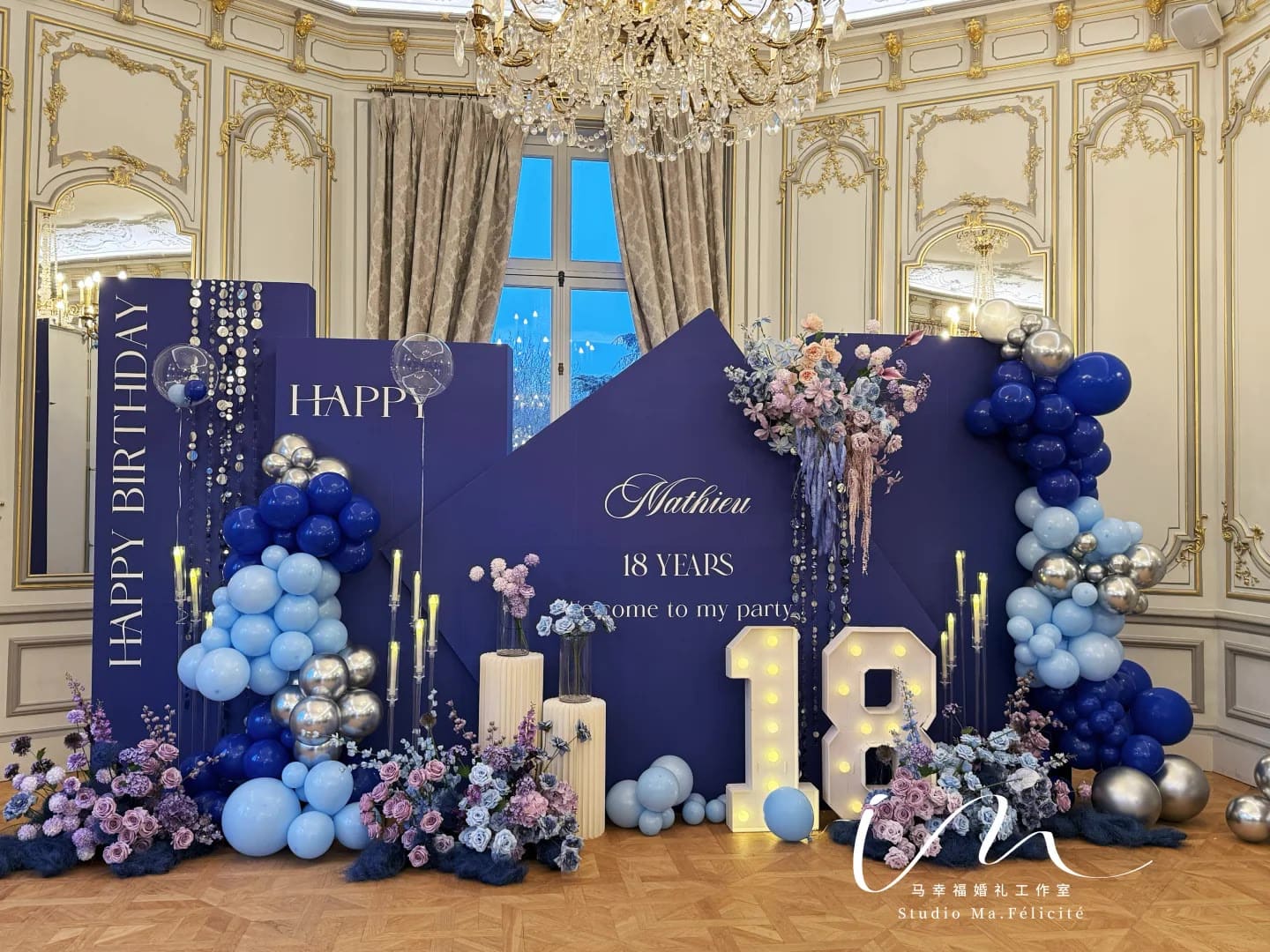 Navy blue 18th birthday backdrop in an elegant château room