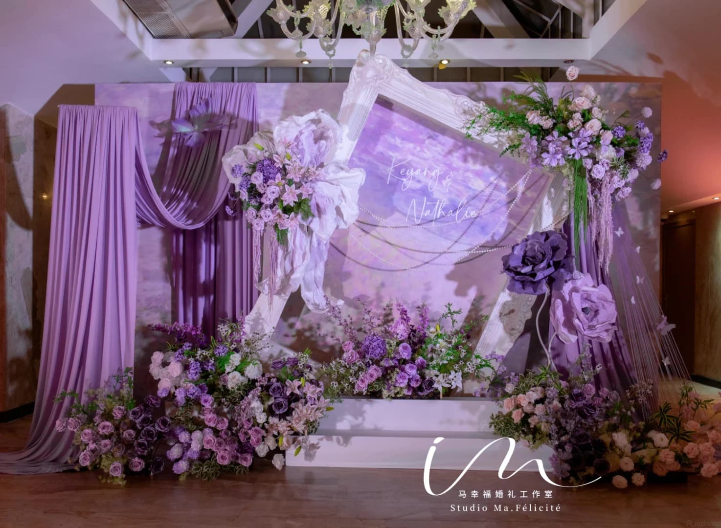 Monet-garden style purple wedding backdrop at Les Salons Hoche